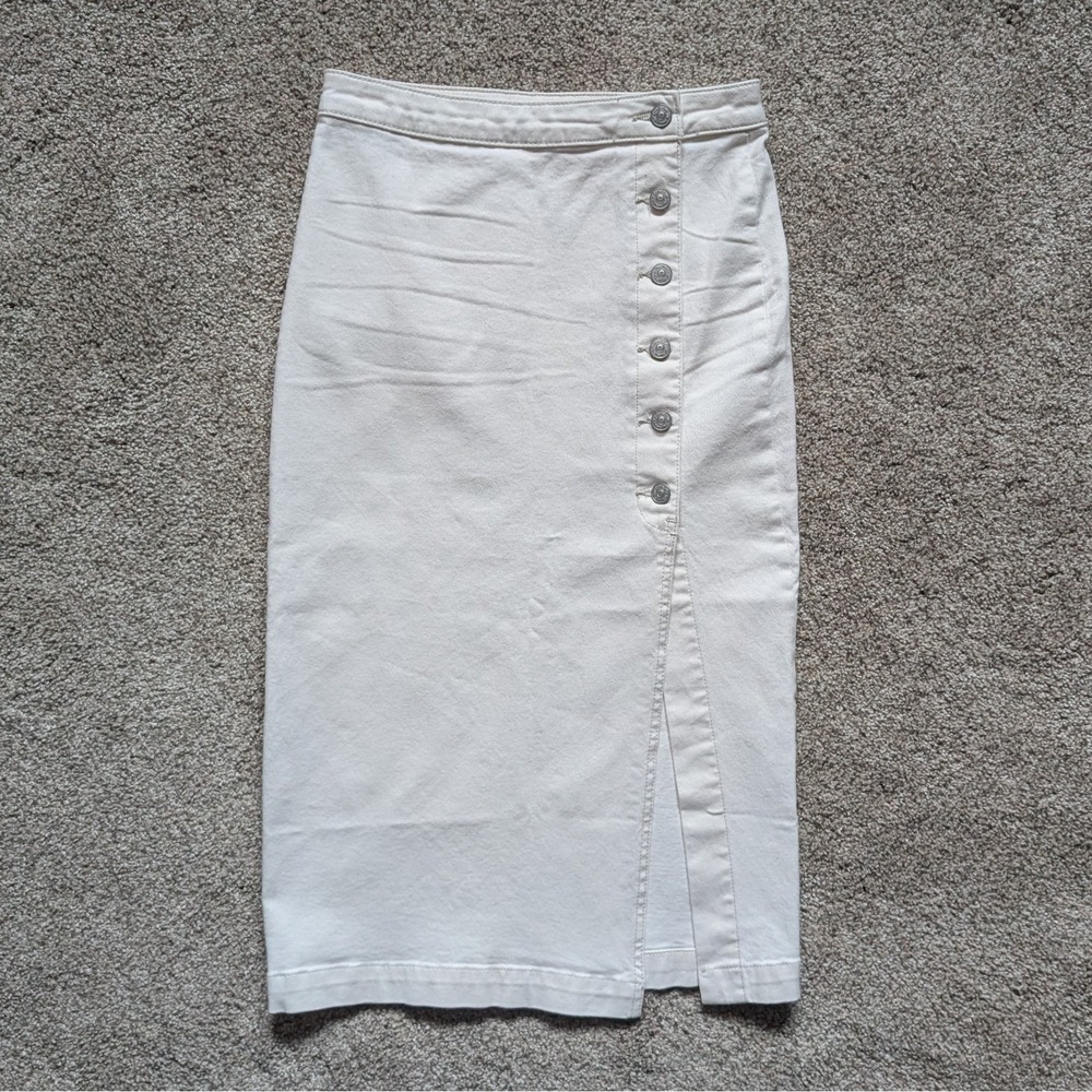 Free People Sz 2 Ivory Denim Long Midi Skirt Buttons Slit Western Boho Bohemian